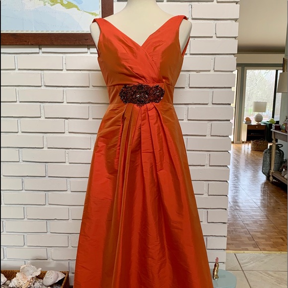 Lazaro Dresses & Skirts - Lazaro Orange Taffeta Beaded Belt Maxi Dress S 8